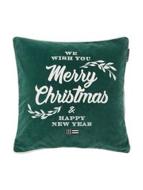 Fluwelen kussenhoes Merry Christmas met opschrift, Katoenfluweel, Wit, groen, 50 x 50 cm