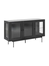 Schwarzes Sideboard Angus mit Glastüren, Korpus: Mitteldichte Holzfaserpla, Einlegeböden: Glas, Füße: Metall, beschichtet, Schwarz, Transparent, B 140 x H 82 cm