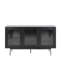 Credenza nera con ante in vetro Angus, Struttura: pannello di fibra a media, Ripiani: vetro, Piedini: metallo rivestito, Nero, trasparente, Larg. 140 x Alt. 82 cm