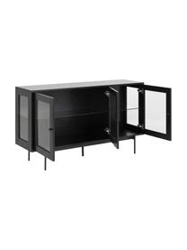 Credenza nera con ante in vetro Angus, Struttura: pannello di fibra a media, Ripiani: vetro, Piedini: metallo rivestito, Nero, trasparente, Larg. 140 x Alt. 82 cm