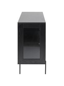 Credenza nera con ante in vetro Angus, Struttura: pannello di fibra a media, Ripiani: vetro, Piedini: metallo rivestito, Nero, trasparente, Larg. 140 x Alt. 82 cm