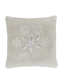 Geborduurde fluwelen kussenhoes Snowflake in grijs, Fluweel (100% katoen), Grijs, 45 x 45 cm