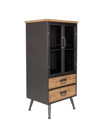 Vitrinenschrank Damian aus Holz und Metall, Einlegeböden: Tannenholz, Schrank, Schubladen: TannenholzGestell, Griffe: GrauTüren: Transparent, 52 x 109 cm