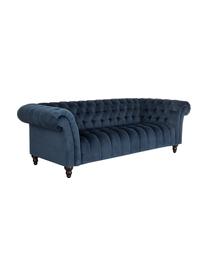 Divano chesterfield 3 posti in velluto blu scuro Gladis, Rivestimento: 100% poliestere, Piedini: legno di quercia vernicia, Struttura: base in legno, Velluto Blu scuro, Larg. 230 x Alt. 74 cm