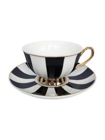 Teetasse mit Untertasse Stripy, Fine Bone China, vergoldet, Schwarz, Weiss Rand und Henkel: Gold, Ø 15 x H 6 cm