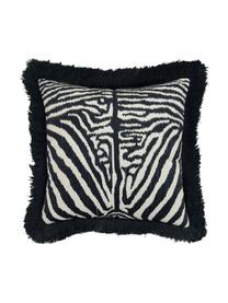 Samt-Kissenhülle Pheneas mit Zebraprint und Fransen, Vorderseite: Polyestersamt, Rückseite: Baumwolle, Fransen: Viskose, Schwarz, Cremeweiß, 40 x 40 cm