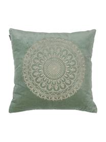 Coussin 45x45 en velours vert brodé Preston, Menthe, couleur crème