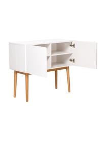 Kleine dressoir High on Wood in wit hoogglans, Frame: PU gelakt MDF, Poten: massief eikenhout, Wit, naturel, 90 x 80 cm