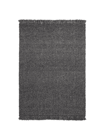 Alfombra artesanal de lana con flecos Alvin, Parte superior: 60% lana, 40% viscosa, Reverso: 100% algodón Las alfombra, Gris antracita, jaspeado, An 140 x L 200 cm (Tamaño S)