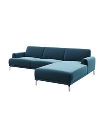 Sofa narożna z aksamitu Puzo, Tapicerka: 100% aksamit poliestrowy,, Nogi: metal lakierowany, Ciemny niebieski, S 240 x G 165 cm