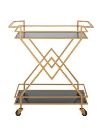 Bar cart Ben met antieke afwerking, Plateaus: getint glas, Frame: gelakt metaal, Wieltjes: kunststof, Goudkleurig, B 76 x H 80 cm