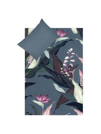 Parure copripiumino reversibile in raso di cotone Flora, Grigio scuro, con motivo vegetale, 155 x 200 cm, 2 pz