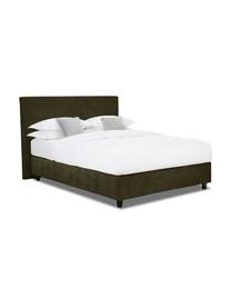 Cama continental de pana Eliza, Patas: madera de abedul maciza p, Pana verde oscuro, 140 x 200 cm, dureza 3