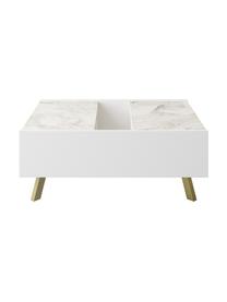 Mesa de centro en look mármol Frida, con espacio de almacenamiento, Estructura: aglomerado, recubierto de, Tablero: aglomerado, revestido de , Patas: madera revestida, Blanco, latón, An 90 x Al 34 cm