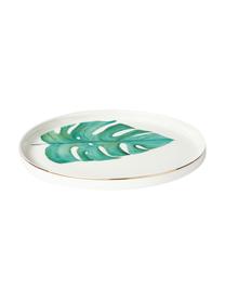 Platos postre de porcelana Fine Bone China Timba, 4 uds., Porcelana fina de hueso (porcelana)
Fine Bone China es una pasta de porcelana fosfática que se caracteriza por su brillo radiante y translúcido., Blanco con estampado verde y dorado, Ø 21 cm