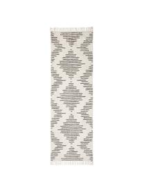 Handgeweven boho katoenen loper Fini met franjes, Beige, zwart, B 80 x L 250 cm