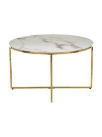 Runder Couchtisch Antigua mit Glasplatte in Marmor-Optik, Tischplatte: Glas, matt bedruckt, Gestell: Metall, vermessingt, Marmor-Optik Weiss, Goldfarben, Ø 80 cm