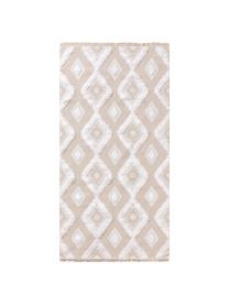 Waschbarer Baumwollteppich Oslo Squares mit Hoch-Tief-Strukturmuster und Fransen, 100% Baumwolle, Cremeweiß, Beige, B 75 x L 150 cm (Größe XS)