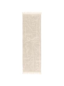 Handgetufte katoenen loper Lines met franjes, Beige, crèmewit, B 80 x L 250 cm