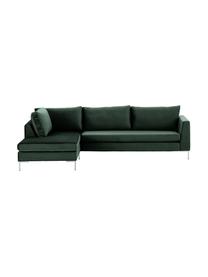 Samt-Ecksofa Luna, Bezug: Samt (Polyester) 80.000 S, Gestell: Massives Buchenholz, Samt Dunkelgrün, Silber, B 280 x T 184 cm