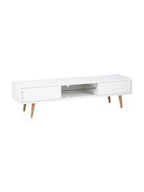 Tv-meubel Cassie in wit hoogglans, Poten: massief en geolied essenh, Plank: glas, Wit, bruin, 180 x 46 cm