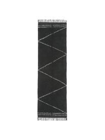 Handgetufte katoenen loper Asisa met zigzag patroon en franjes, Zwart, B 80 x L 250 cm
