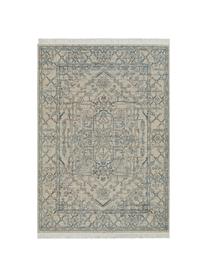 Tapis oriental rectangulaire bleu/beige à franges Estera, 40 % coton recyclé, 40 % polypropylène, 20 % recyclé polyester, Bleu, beige, blanc crème, gris, larg. 80 x long. 150 cm (taille XS)