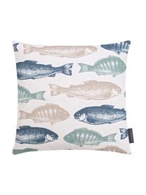 Housse de coussin 40x40 motif poissons Maritim, 100 % coton, Beige, bleu, vert menthe, larg. 40 x long. 40 cm