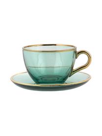 Tazas con platitos artesanales Allure, 2 uds., Vidrio, Verde, dorado, Ø 9 x Al 6 cm