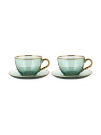 Tazas con platitos artesanales Allure, 2 uds., Vidrio, Verde, dorado, Ø 9 x Al 6 cm