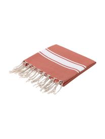 Fouta rayé à franges St Tropez, 100 % coton, Rouge corail, blanc, larg. 100 x long. 200 cm