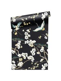 Papel pintado Japanese Flowers, Tejido no tejido, Negro, blanco, azul, amarillo, An 52 x L 1005 cm