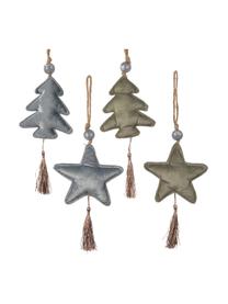 Fluwelen kerstboomhangersset Sparkle, 4-delig, Groen, blauw, 12 x 12 cm