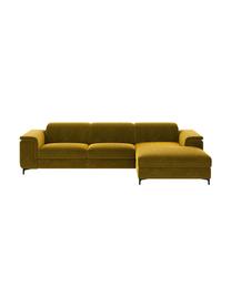 Divano angolare in velluto giallo senape con funzione relax Brito, Rivestimento: 100% velluto di poliester, Sottostruttura: compensato, legno di fagg, Giallo senape, Larg. 300 x Prof. 170 cm