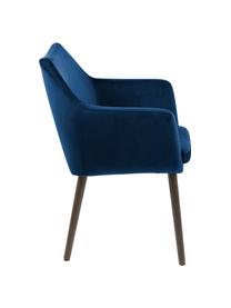 Chaise velours pieds en bois Nora, Velours bleu foncé, pieds brun foncé