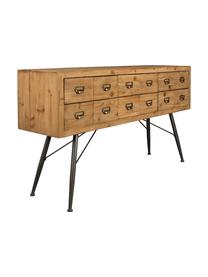 Apotheker-Sideboard Six mit Schubladen, Korpus und Schubladenfronten: Tannenholz, Antik-Finish, Beine: Eisen, lackiert, Griffe: Eisen, Antik-Finish, Tannenholz, Anthrazit, B 150 x H 84 cm