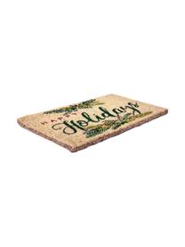 Handgeweven deurmat Happy Holidays, Kokosvezels, Beige, groen, rood, B 43 x L 70 cm