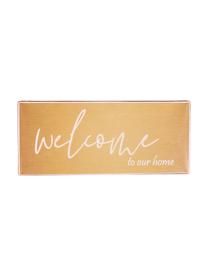 Wandschild Welcome to our home, Metall, beschichtet, Orange, Weiss, 31 x 13 cm