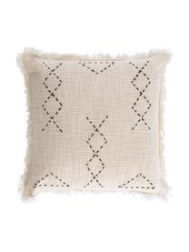 Bestickte Boho-Kissenhülle Seila mit Fransenabschluss, 100% Baumwolle, Beige, 45 x 45 cm