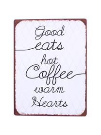 Wandbord Good eats, hot coffee, warm hearts, Gecoat metaal, Wit, zwart, bruin, 27 x 35 cm