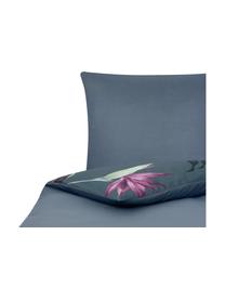 Funda nórdica doble cara de satén Flora, Gris oscuro con estampado de plantas, Cama 90 cm (150 x 220 cm)