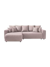 Divano letto angolare in tessuto rosa con contenitore Elvi, Rivestimento: poliestere con rivestimen, Sottostruttura: legno, molle Nosag, Piedini: materiale sintentico Il t, Tessuto rosa, nero, Larg. 282 x Prof. 153 cm