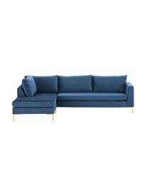 Fluwelen hoekbank Luna in blauw met metalen poten, Bekleding: fluweel (polyester) De ho, Frame: massief beukenhout, Poten: gegalvaniseerd metaal, Fluweel blauw, goudkleurig, B 280 x D 184 cm