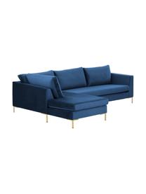 Samt-Ecksofa Luna in Blau mit Metall-Füßen, Bezug: Samt (Polyester) Der hoch, Gestell: Massives Buchenholz, Füße: Metall, galvanisiert, Samt Blau, Gold, B 280 x T 184 cm