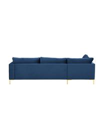 Fluwelen hoekbank Luna in blauw met metalen poten, Bekleding: fluweel (polyester) De ho, Frame: massief beukenhout, Poten: gegalvaniseerd metaal, Fluweel blauw, goudkleurig, B 280 x D 184 cm