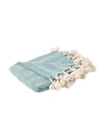 Plaid con pompon Lilen, 100% cotone, Blu, beige, Larg. 130 x Lung. 150 cm