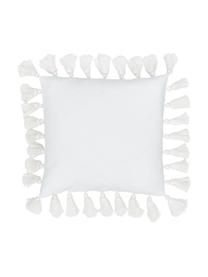 Housse de coussin 40x40 blanc à houppes Shylo, 100 % coton, Blanc, larg. 40 x long. 40 cm