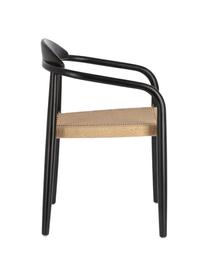 Massief houten fauteuil Nina, Frame: massief eucalyptushout, F, Zitvlak: polyester, uv-bestendig, Zwart, beige, B 56 x D 53 cm