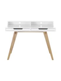 Bureau Skandi in wit met houten poten, Frame: MDF, Poten: massief eikenhout, Wit, eikenhoutkleurig, B 110 x H 85 cm