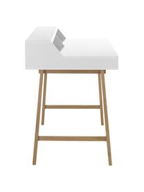 Bureau Skandi in wit met houten poten, Frame: MDF, Poten: massief eikenhout, Wit, eikenhoutkleurig, B 110 x H 85 cm